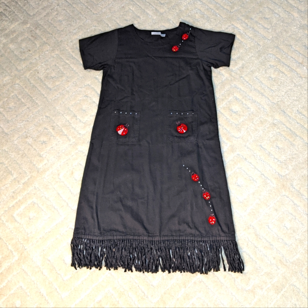 Las Olas Black Shift Dress w/ Fringe Hem & Lady Bug Applique, XL